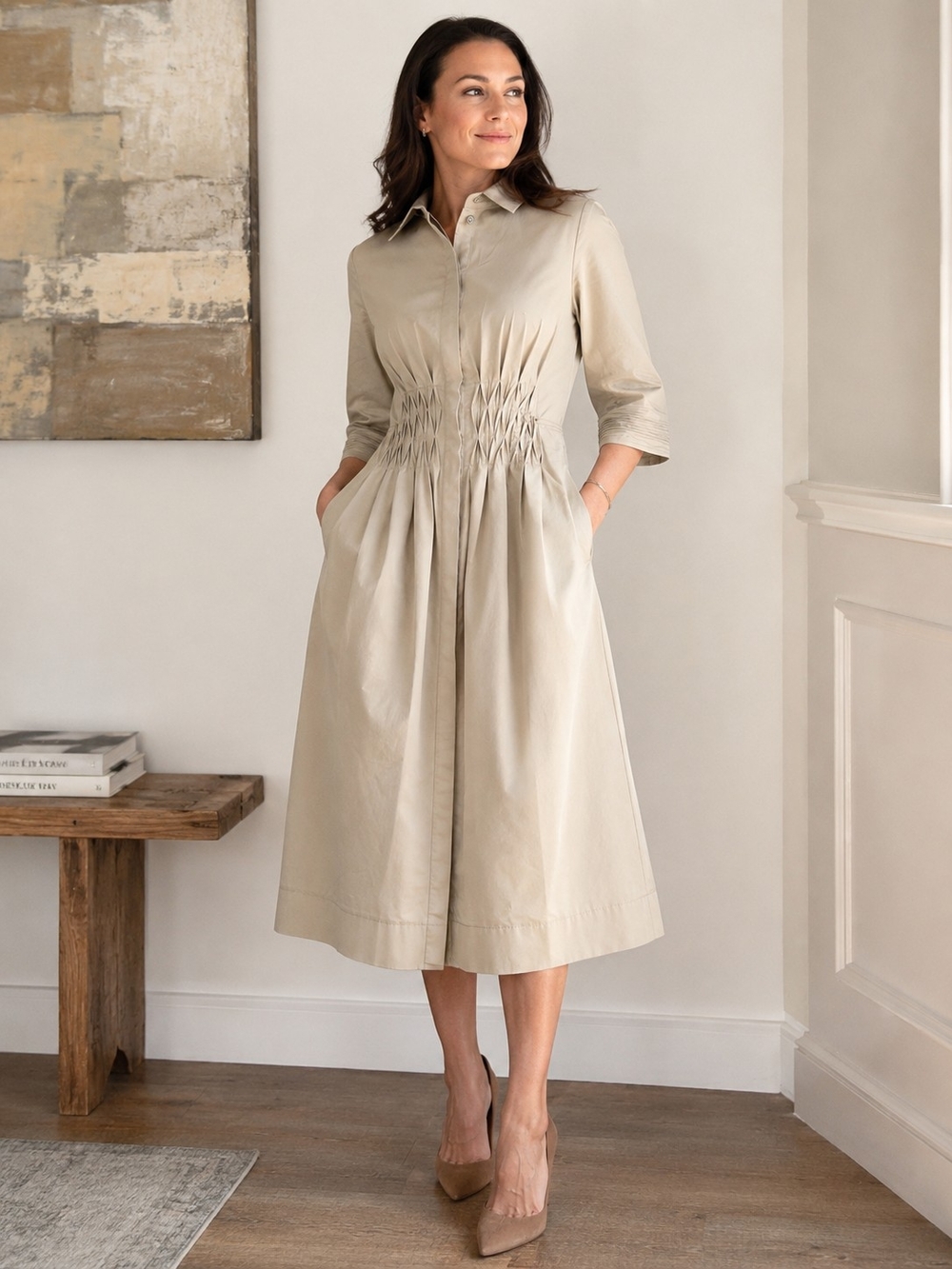 Elie Tahari Beige Smocked Waist Shirt Dress Cotton Blend Midi Hidden Placket 12